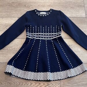Smiling Pinker Sweater Dress Girls 170 Navy Blue Geometric Knit Skater Holiday